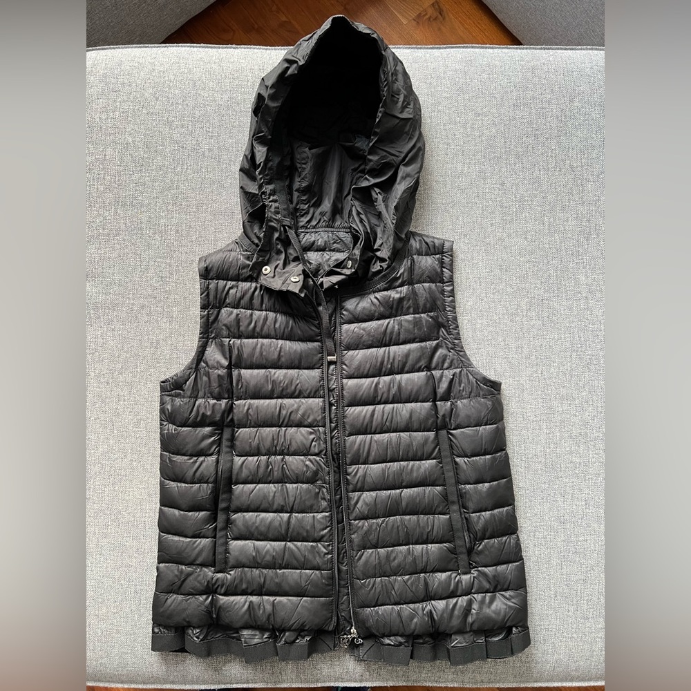 Moncler Lightweight Down Vest with Ruffle Detail & Hood Black - Size 2